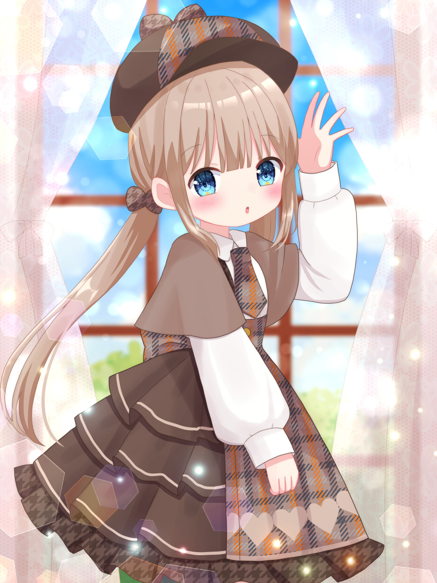 1girl :o absurdres arm_up back_bow bangs blue_eyes blunt_bangs blush bow brown_hair capelet collared_shirt curtains day deerstalker detective dress frills grass hair_bow hat heart heart_print highres houndstooth layered_skirt light_particles long_hair long_sleeves looking_to_the_side low_twintails necktie nekomura_yuyuko open_mouth original plaid plaid_skirt shirt skirt sky solo twintails very_long_hair window