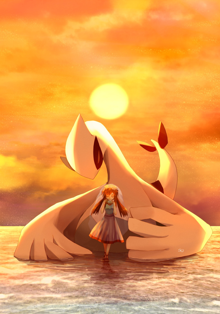 1girl absurdres backlighting bangs breasts brown_footwear brown_hair closed_eyes closed_mouth clouds commentary_request flower flower_wreath full_body green_shirt hands_up highres holding holding_instrument instrument long_hair lugia melody_(pokemon) music ocarina on_water orange_background orange_sky orange_theme outdoors playing_instrument pokemon pokemon_(anime) pokemon_(classic_anime) pokemon_(creature) pokemon_the_movie_2000:_the_power_of_one ribero sandals see-through shiny shiny_hair shirt sidelocks skirt sky small_breasts standing straight-on sun sunset twintails u_u veil water white_skirt yellow_flower