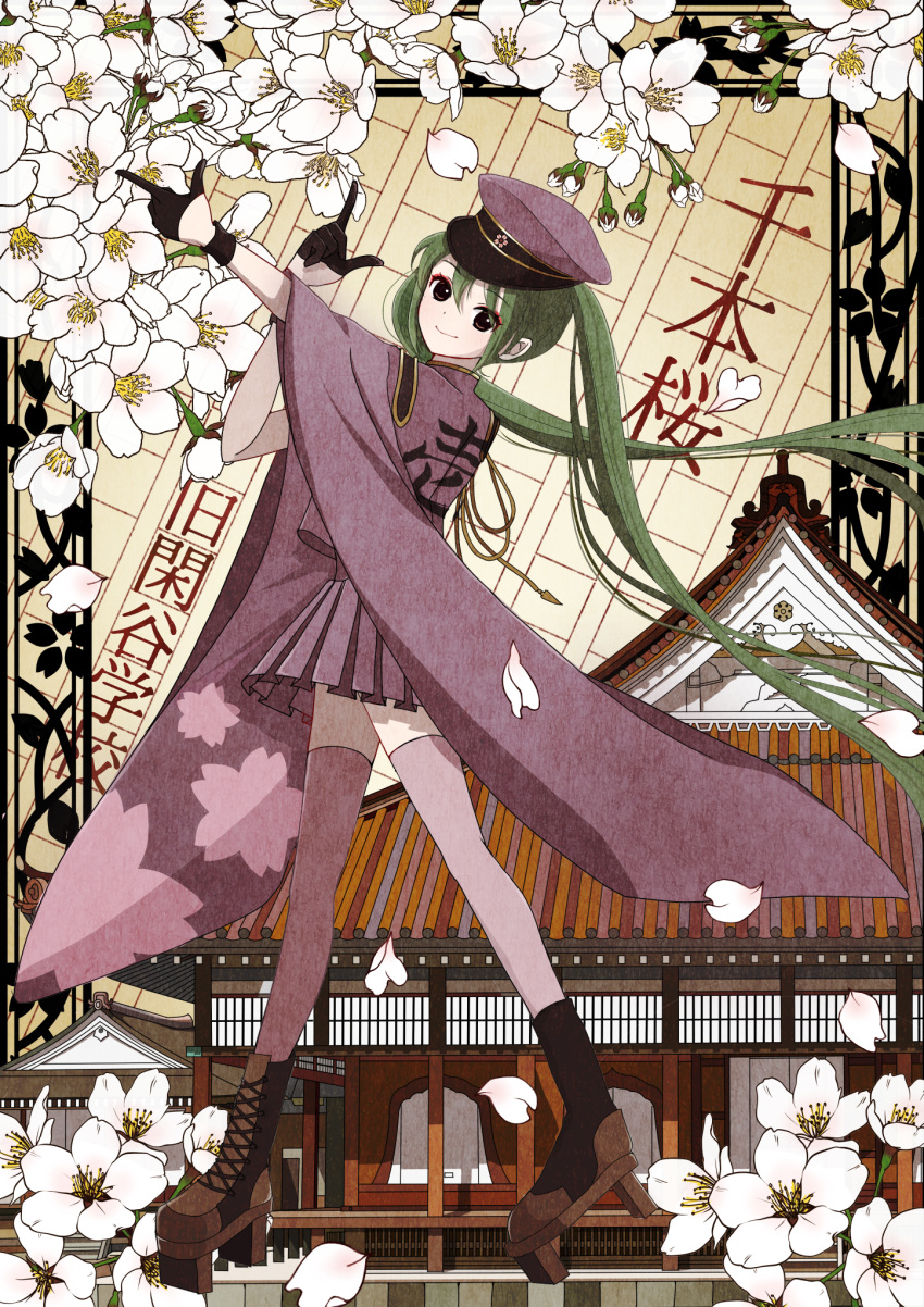 1girl architecture bangs black_eyes boots cross-laced_footwear east_asian_architecture eyeshadow floating_hair flower from_side geta gloves green_hair half_gloves hat hatsune_miku highres lace-up_boots long_hair looking_at_viewer makeup military military_hat military_uniform mofmama outstretched_arm pleated_skirt pointing red_eyeshadow senbon-zakura_(vocaloid) skirt smile solo thigh-highs translation_request twintails uniform very_long_hair vocaloid walking wide_sleeves wristband