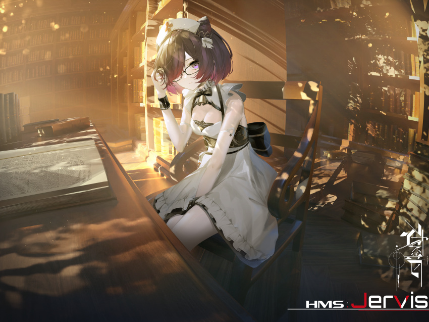 1girl absurdres azur_lane bell bespectacled black_hair book breasts chair character_name cone_hair_bun dress elbow_gloves frilled_dress frills glasses gloves gradient_hair hair_bun hair_over_one_eye hat highres indoors jervis_(azur_lane) ka11_ca library looking_at_viewer medium_breasts multicolored_hair neck_bell nurse_cap purple_hair short_hair sitting solo two-tone_hair violet_eyes white_dress white_gloves