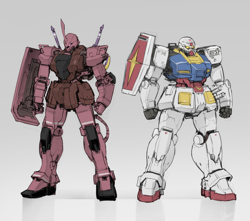 absurdres clenched_hands glowing glowing_eye glowing_eyes grey_background gundam highres looking_at_viewer mecha mobile_suit mobile_suit_gundam no_humans one-eyed pink_eyes redesign rx-78-2 sadamatsu_ryuuichi science_fiction shield standing v-fin yellow_eyes zaku_ii_s_char_custom
