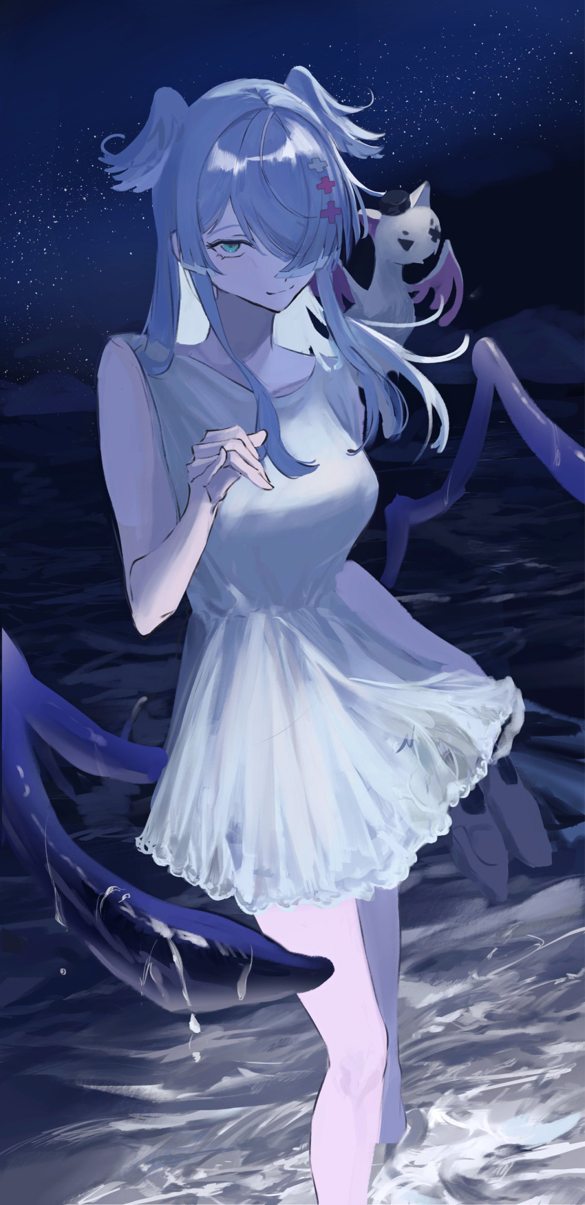 1girl 1other absurdres bangs beach blue_eyes blue_hair breasts dragon dragon_girl dragon_tail dress elira_pendora grey_footwear guriddopitto hair_ornament hair_over_one_eye head_wings highres large_breasts long_hair looking_at_viewer night night_sky nijisanji nijisanji_en ocean one_eye_covered pikl_(elira_pendora) shoes shoes_removed sky sleeveless smile star_(sky) tail virtual_youtuber wet white_dress x_hair_ornament