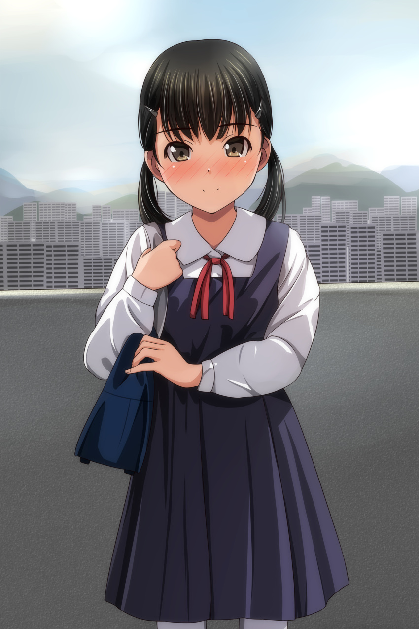 absurdres bangs black_hair blue_bag blue_skirt blurry blurry_background building city cityscape clouds collared_shirt commentary_request day depth_of_field highres long_sleeves matsunaga_kouyou medium_hair original pleated_skirt ponytail red_ribbon ribbon scenery school_uniform shirt skirt sky smile suspender_skirt suspenders twintails white_shirt