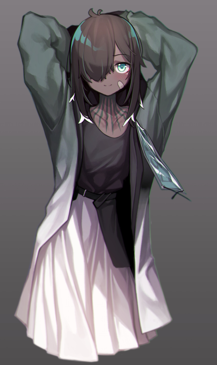 1girl absurdres arknights arms_behind_head bandaid bandaid_on_face bangs beudelb black_hair black_shirt blue_eyes blush commentary dark-skinned_female dark_skin flint_(arknights) flint_(gorgeous_summer_flowers)_(arknights) grey_background hair_over_one_eye highres long_hair neck_tattoo official_alternate_costume shirt simple_background skirt smile solo tattoo white_skirt