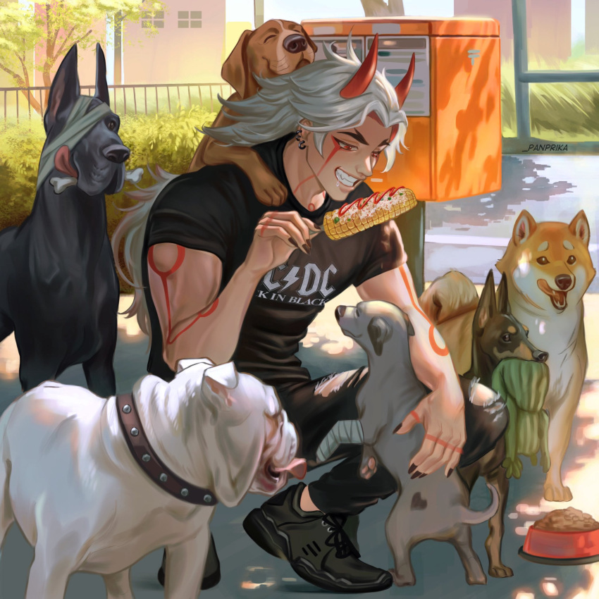 1boy ac/dc arataki_itto artist_name bandages black_footwear black_legwear black_nails black_shirt body_markings bone bulldog bush collar corn_cob denim dog dog_request english_commentary food_bowl genshin_impact great_dane highres horns jeans long_hair looking_at_food male_focus oni oni_horns outdoors panprika11 pants pet_food red_eyes shiba_inu shirt spiked_collar spikes squatting t-shirt teeth toned toned_male torn_clothes torn_legwear tree white_hair