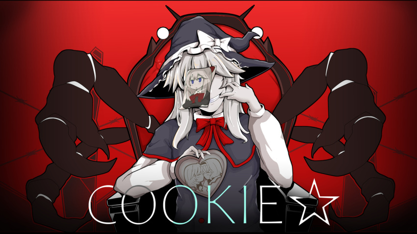 1boy alice_margatroid bangs black_capelet black_headwear black_vest blonde_hair blue_eyes bow bowtie candy capelet chocolate claws commentary_request cookie_(touhou) copyright_name crab_claw food grin hat hat_bow hazuna_rio heart heart-shaped_chocolate hinase_(cookie) king_(vocaloid) kirisame_marisa long_hair long_sleeves male_focus masked mouth_pull parnkgjas red_background red_bow red_bowtie shanghai_doll shirt smile solo teeth throne touhou upper_body uzuki_(cookie) vest white_bow white_shirt witch_hat