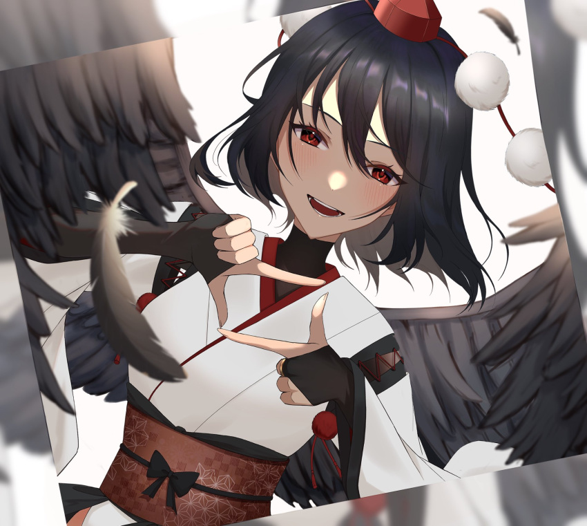 1girl bangs bird_wings black_feathers black_gloves black_hair black_wings feathers fingerless_gloves gloves hat highres japanese_clothes kimono kourindou_tengu_costume looking_at_viewer pom_pom_(clothes) red_eyes red_headwear sash shameimaru_aya short_hair simple_background solo tokin_hat touhou umeko_81 upper_body white_background white_kimono wings