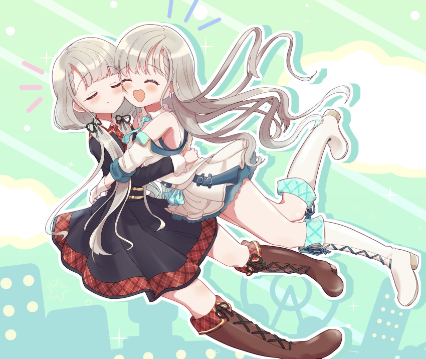 2girls ^_^ ^o^ asymmetrical_bangs bangs black_dress blush boots braid braided_bangs cheek-to-cheek closed_eyes dress grey_hair heads_together highres hisakawa_hayate hisakawa_nagi hug idol idolmaster idolmaster_cinderella_girls knee_boots matudaio miroir_(idolmaster) multiple_girls outline shirt siblings sisters skirt smile twins twintails wavy_hair white_outline white_shirt white_skirt