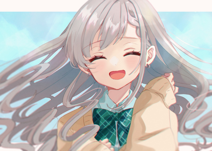 1girl ^_^ ^o^ asymmetrical_bangs bangs blush bow bowtie cardigan closed_eyes earrings green_bow green_bowtie grey_hair highres hisakawa_hayate idolmaster idolmaster_cinderella_girls idolmaster_cinderella_girls_starlight_stage jewelry letterboxed long_hair looking_at_viewer rino_cnc school_uniform sleeves_past_wrists smile solo upper_body very_long_hair wavy_hair yellow_cardigan