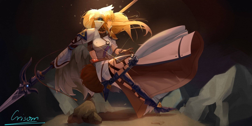 1girl animal_ear_fluff animal_ears arknights armor armored_boots blonde_hair boots brown_gloves cloak coat crisom_bingjiling dark_background dynamic_pose gloves headset highres holding holding_polearm holding_weapon horse_ears horse_girl horse_tail implied_extra_ears long_sleeves nearl_(arknights) nearl_the_radiant_knight_(arknights) pauldrons polearm ponytail rock shoulder_armor signature single_pauldron solo spear tail weapon white_cloak white_coat