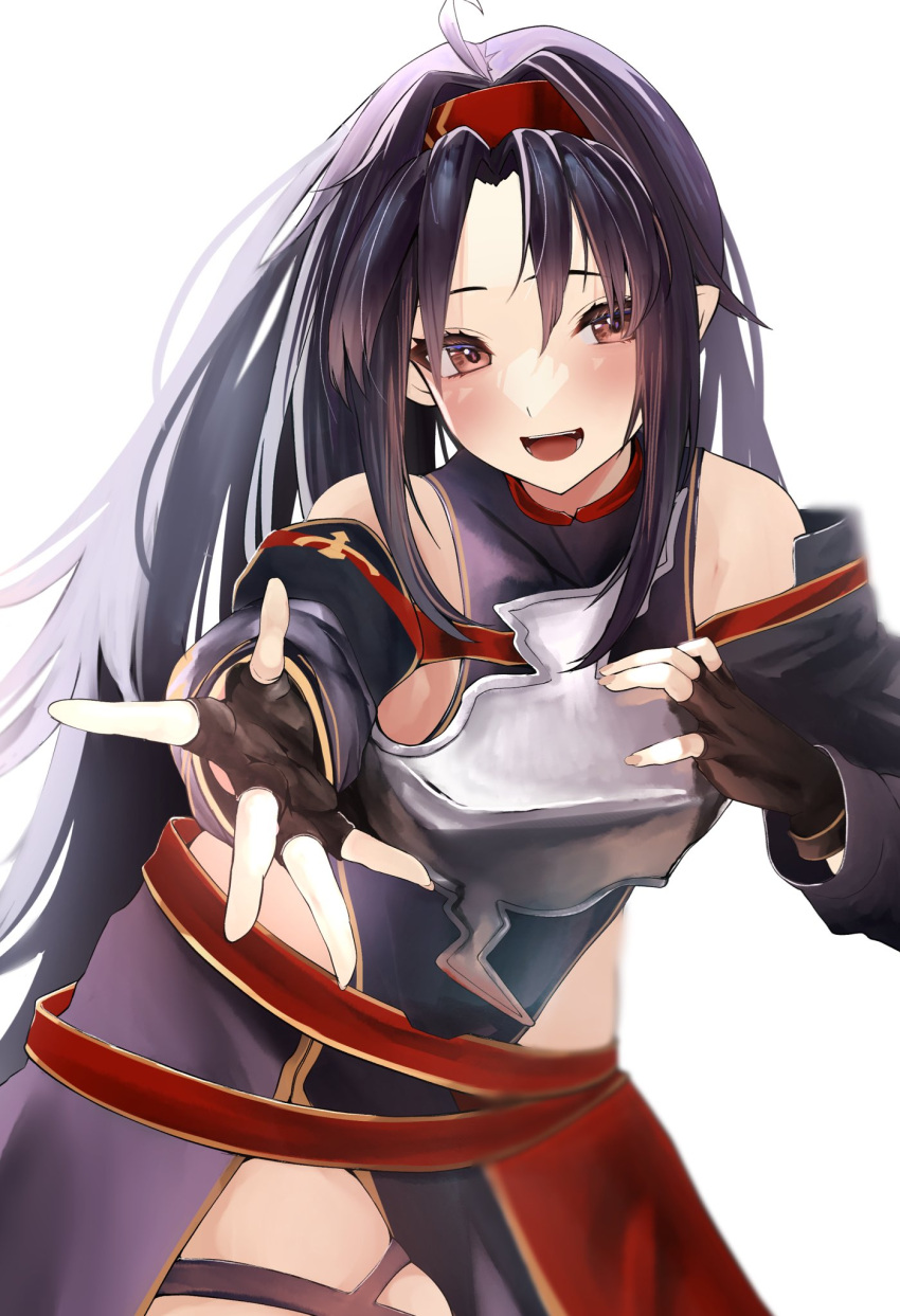 1girl :d armor bangs bare_shoulders black_gloves breastplate commentary detached_sleeves eyebrows_behind_hair fingerless_gloves gloves hairband highres leotard long_hair looking_at_viewer open_mouth oreazu outstretched_hand parted_bangs purple_hair red_eyes red_hairband sharp_teeth simple_background smile solo sword_art_online teeth white_background yuuki_(sao)