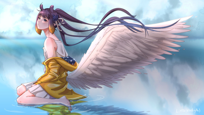 absurdres barefoot clouds feathered_wings highres hololive hololive_english jacket l_yth ninomae_ina'nis ribbon skirt violet_(ninomae_ina'nis) water white_ribbon white_skirt white_wings wind wings yellow_jacket