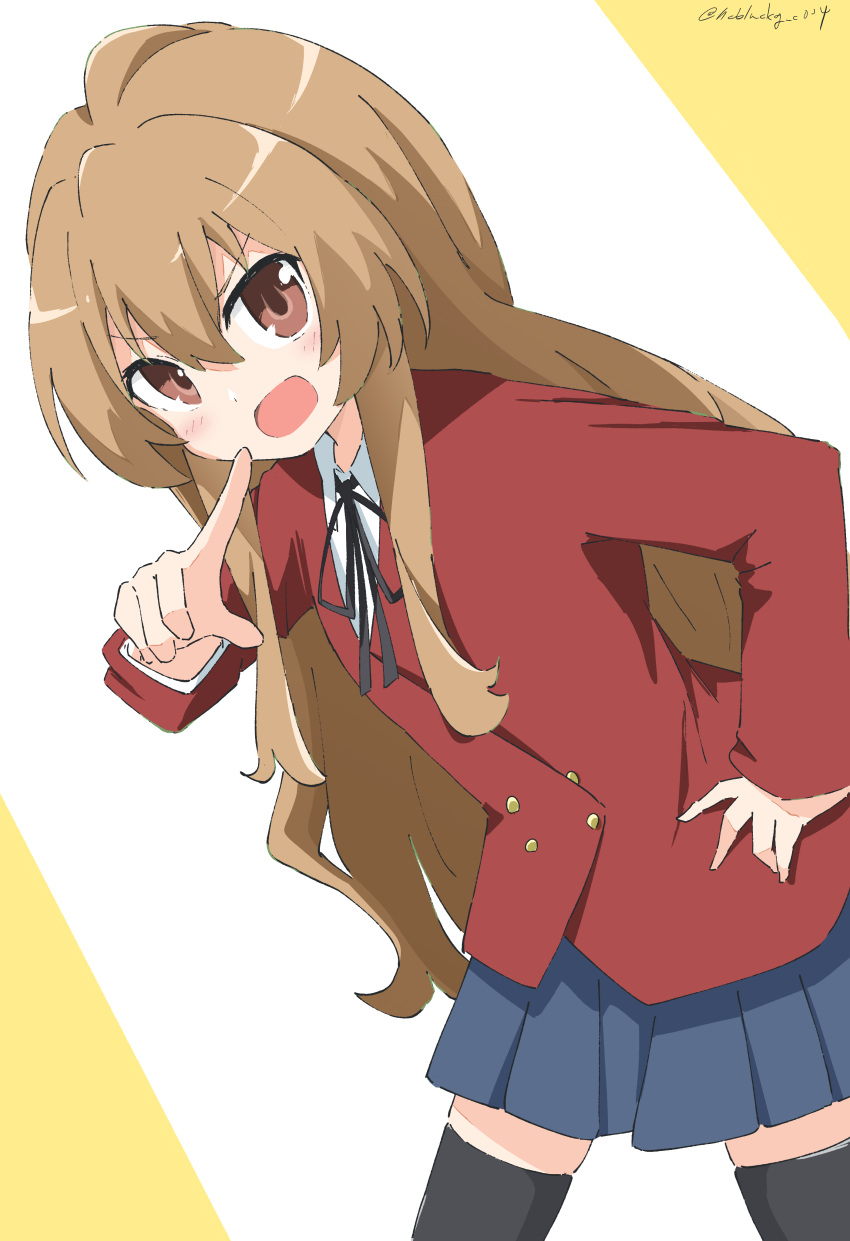 1girl absurdres aisaka_taiga bangs black_legwear black_ribbon blazer blue_skirt brown_eyes brown_hair buttons commentary cowboy_shot cynical_(llcbluckg_c004) double-breasted eyebrows_visible_through_hair hair_between_eyes hand_on_hip highres index_finger_raised jacket light_blush long_hair long_sleeves looking_at_viewer neck_ribbon oohashi_high_school_uniform open_mouth pleated_skirt pointing pointing_at_viewer red_jacket ribbon school_uniform skirt solo standing thigh-highs toradora! twitter_username two-tone_background v-shaped_eyebrows white_background yellow_background zettai_ryouiki
