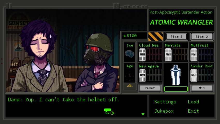 1boy 1girl bar black_suit dana_zane english_text fake_screenshot fallout_(series) fallout_new_vegas formal gas_mask gillian_(va-11_hall-a) helmet highres marpaparp mask necktie pinstripe_pattern pinstripe_suit pixel_art purple_hair slot_machine striped striped_necktie suit va-11_hall-a