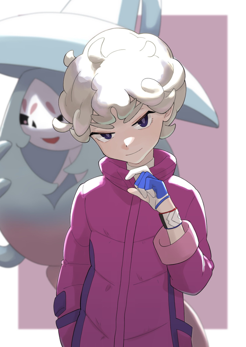 1boy ahoge bangs bede_(pokemon) black_eyes blonde_hair blurry border bright_pupils closed_mouth coat commentary_request curly_hair dynamax_band gloves hagi_753 hand_up hatterene highres looking_at_viewer male_focus outside_border partially_fingerless_gloves pokemon pokemon_(creature) pokemon_(game) pokemon_swsh purple_coat short_hair smile white_border