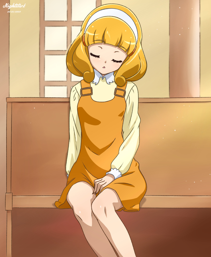 1girl absurdres blonde_hair closed_eyes dress english_commentary hairband highres kise_yayoi nightstark on_bench open_mouth overall_skirt precure shirt sitting sleeping sleeping_upright smile_precure! solo sunlight white_headwear yellow_dress yellow_shirt