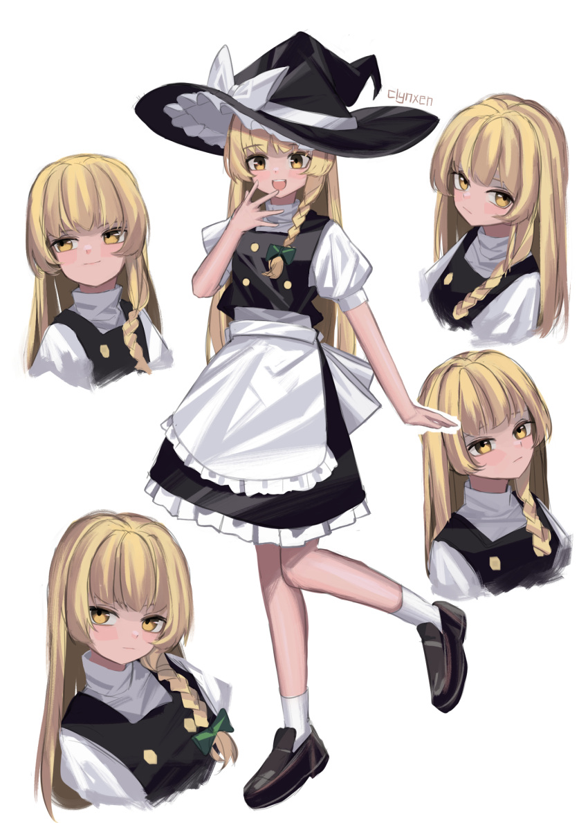 1girl :d apron back_bow bangs black_headwear black_skirt black_vest blonde_hair blush bow braid buttons clynxen commentary cropped_torso english_commentary frilled_apron frilled_hat frilled_skirt frills full_body green_bow hair_bow hand_to_own_mouth hat hat_bow hat_removed headwear_removed highres kirisame_marisa long_hair looking_at_viewer multiple_views no_hat no_headwear puffy_short_sleeves puffy_sleeves shirt short_sleeves sideways_glance signature single_braid skirt smile standing standing_on_one_leg teeth touhou turtleneck upper_teeth vest waist_apron white_apron white_background white_bow white_shirt witch_hat yellow_eyes