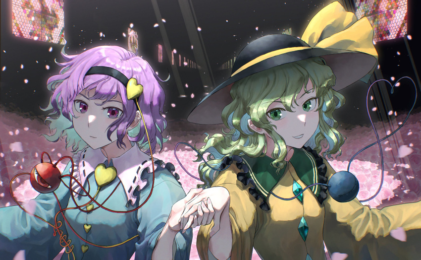 2girls absurdres black_headwear blouse blue_shirt blush buttons chireiden closed_eyes commentary diamond_button fingernails flower frilled_shirt_collar frills green_eyes green_hair hair_between_eyes harapan-kun hat hat_ribbon heart heart_button heart_of_string highres holding_hands komeiji_koishi komeiji_satori light_rays long_hair long_sleeves looking_at_viewer multiple_girls parted_lips pink_flower pink_rose purple_hair red_eyes ribbon ribbon_trim rose shirt short_hair siblings sisters smile stained_glass third_eye touhou upper_body violet_eyes wavy_hair wide_sleeves window yellow_ribbon yellow_shirt
