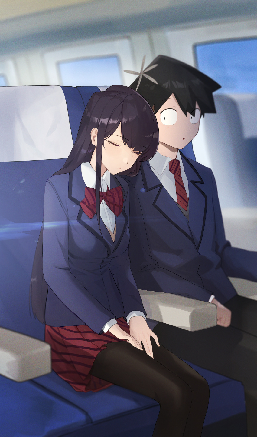 1boy 1girl absurdres bangs black_hair black_legwear black_pants blazer blue_jacket bow bowtie collared_shirt commentary_request diagonal-striped_necktie diagonal-striped_skirt highres jacket komi-san_wa_komyushou_desu komi_shouko long_hair necktie pants pantyhose pleated_skirt red_bow red_bowtie red_necktie school_uniform shirt short_hair sitting skirt sleeping so_shio striped striped_bow swept_bangs tadano_hitohito white_shirt