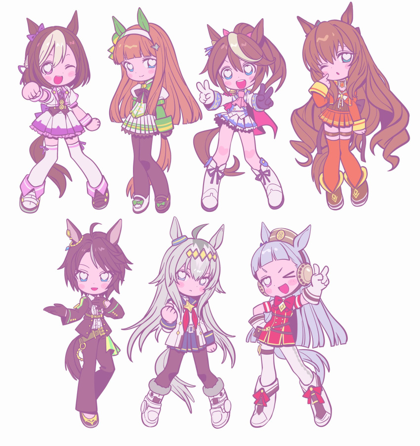 6+girls animal_ears betti_(xx_betti) black_jacket black_pants black_pantyhose blue_eyes blue_sky brown_hair character_request dress gold_ship_(umamusume) grey_hair heart heart-shaped_pupils highres horse_ears horse_girl horse_tail jacket long_hair maruzensky_(umamusume) multiple_girls neckerchief oguri_cap_(umamusume) pants pantyhose ponytail red_dress red_neckerchief red_skirt red_thighhighs short_hair sidelocks silence_suzuka_(umamusume) skirt sky special_week_(umamusume) symbol-shaped_pupils tail thigh-highs tokai_teio_(umamusume) umamusume v very_long_hair wavy_hair white_hair white_skirt white_thighhighs