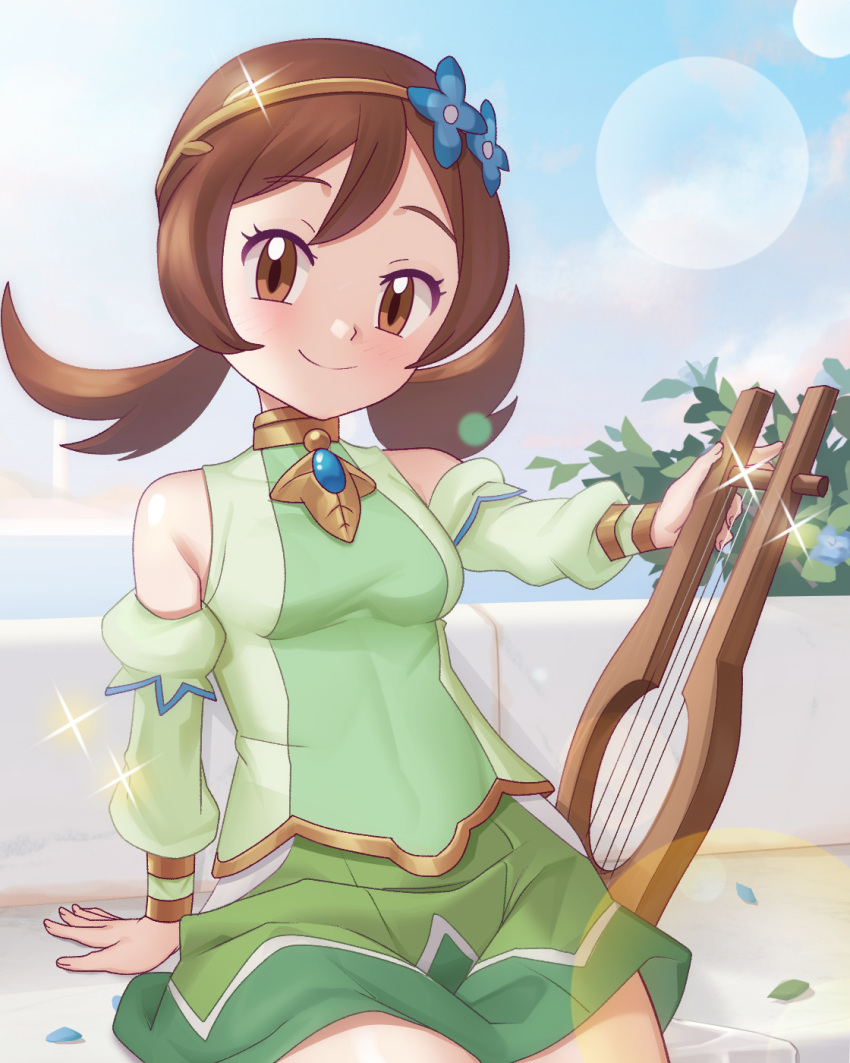 1girl arm_support bangs bare_shoulders blue_flower blush breasts brown_eyes brown_hair closed_mouth commentary_request day detached_sleeves eyelashes flower gazing_eye green_skirt green_vest hair_flower hair_ornament hairband highres holding holding_instrument instrument lens_flare long_hair looking_at_viewer lyra_(pokemon) official_alternate_costume outdoors pokemon pokemon_(game) pokemon_masters_ex sitting skirt sky smile solo sparkle twintails vest yellow_hairband