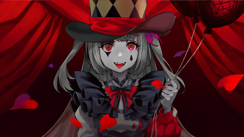 1girl argyle argyle_hat asymmetrical_sleeves balloon black_ribbon bow bowtie clown colored_skin envy_baby_(vocaloid) grey_skin hand_up hat heart heart_in_eye highres hina_misora holding holding_balloon long_hair long_sleeves looking_at_viewer mismatched_sleeves neck_ruff puffy_long_sleeves puffy_sleeves red_bow red_curtains red_eyes ribbon ru_roiroiro sidelocks solo stage stage_curtains symbol_in_eye teardrop_facial_mark teeth tongue tongue_out top_hat two_side_up upper_teeth virtual_youtuber wactor_production