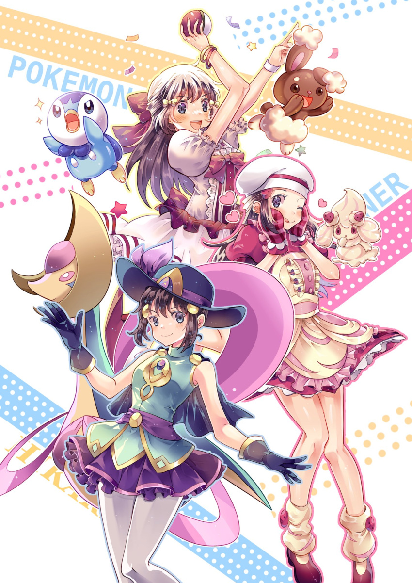 1girl ;q alcremie apron bangs blush bow bracelet buneary buttons cha_0909 chef_hat closed_mouth commentary_request confetti copyright_name cresselia dress frills gloves hair_bow hair_ornament hairclip hat highres hikari_(pokemon) holding holding_poke_ball jewelry long_hair multiple_views official_alternate_costume one_eye_closed oven_mitts pantyhose piplup poke_ball poke_ball_(basic) pokemon pokemon_(creature) pokemon_(game) pokemon_bdsp pokemon_masters_ex red_footwear shoes short_sleeves sidelocks smile star_(symbol) tongue tongue_out white_headwear