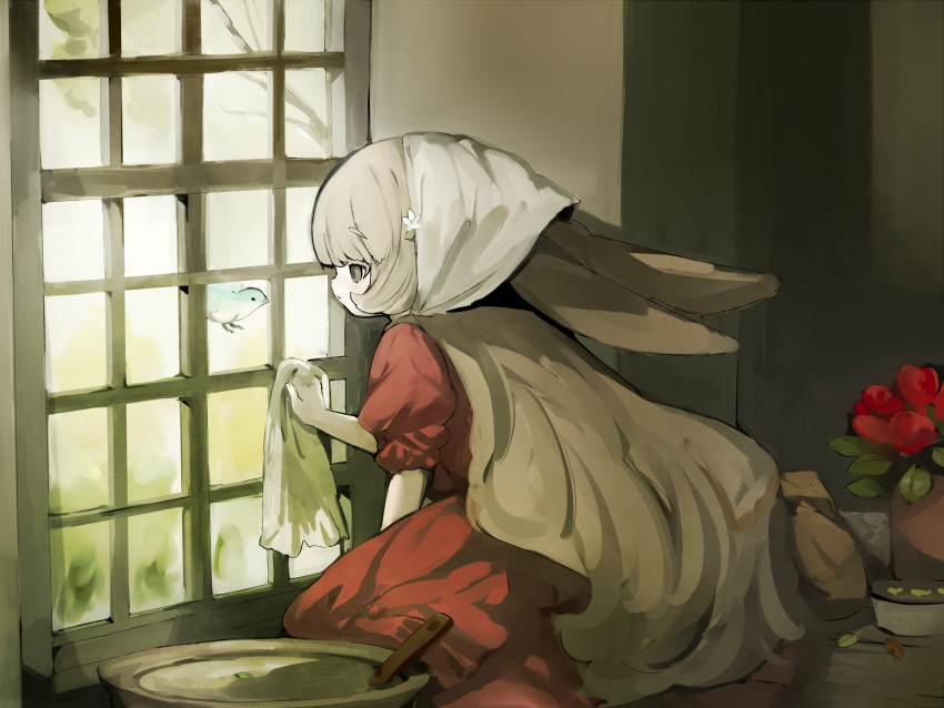 1girl animal animal_ears bird brown_eyes cleaning cleaning_windows dark_background dress empty_eyes flower head_scarf highres light_brown_hair long_hair looking_at_animal original plant rabbit_ears rabbit_girl red_dress shirokujira very_long_hair window