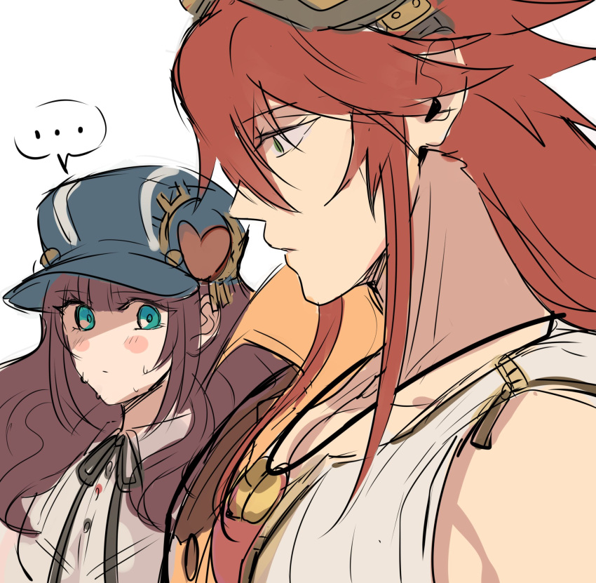 ... 1boy 1girl cardia_beckford code:realize goggles goggles_on_head green_eyes hat hetero highres impey_barbicane kash-phia large_pectorals looking_at_another looking_back looking_to_the_side male_focus meme pectoral_cleavage pectoral_envy_(meme) pectoral_focus pectorals profile redhead shirt sleeveless sleeveless_shirt spoken_ellipsis sweat sweatdrop
