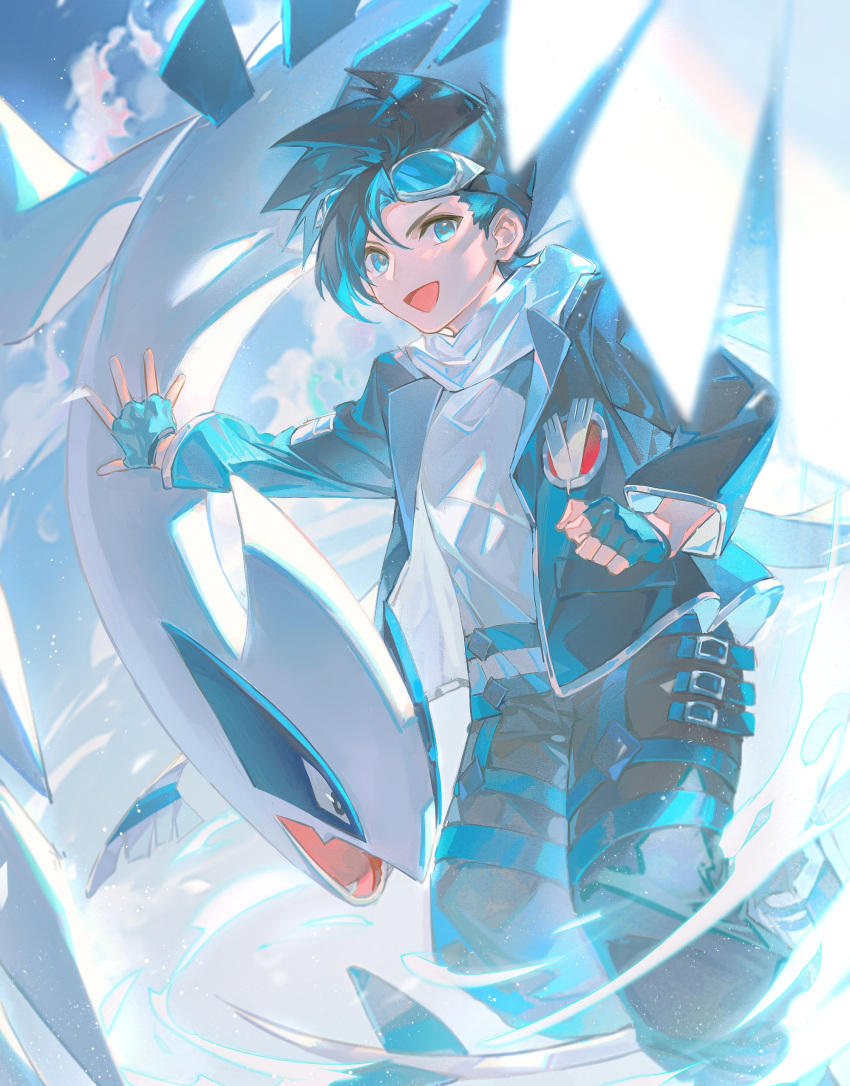 1boy :d absurdres bakutiku bangs black_hair black_jacket blue_eyes commentary ethan_(pokemon) fingerless_gloves gloves goggles goggles_on_head highres jacket long_sleeves looking_at_viewer lugia male_focus official_alternate_costume open_mouth pants pokemon pokemon_(creature) pokemon_(game) pokemon_masters_ex scarf shirt short_hair smile spiky_hair white_scarf white_shirt