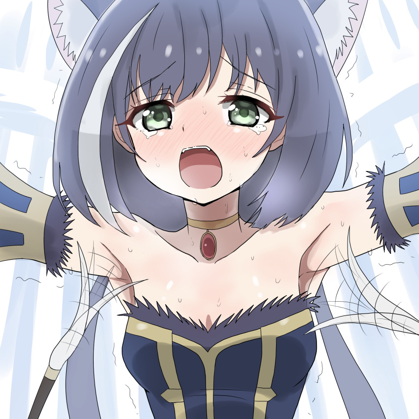 armpits black_hair cat_ears crying green_eyes kyaru_(princess_connect) long_hair looking_at_viewer necklace open_mouth princess_connect! princess_connect!_re:dive sweat teeth tickling