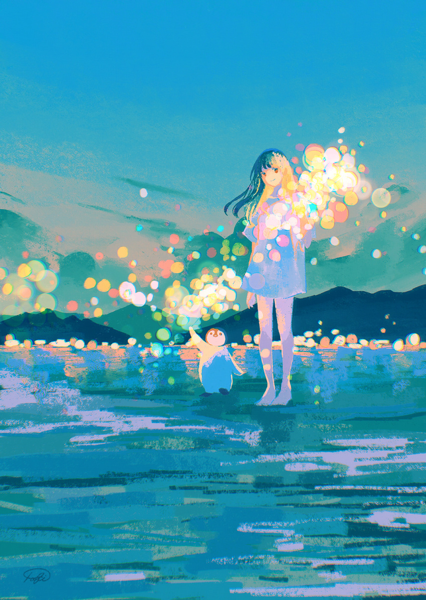 1girl barefoot bird commentary_request dress evening fireworks full_body highres impressionism lights long_hair looking_at_viewer original outdoors pastel_colors penguin scenery senkou_hanabi short_dress sky smile sparkler tabi_(tabisumika) white_dress