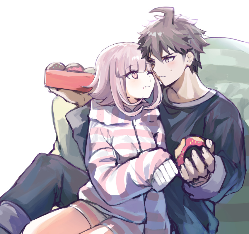 1boy 1girl :i absurdres ahoge alternate_costume bangs box brown_hair brown_pants danganronpa_(series) danganronpa_2:_goodbye_despair doughnut eating eyebrows_visible_through_hair flipped_hair food highres hinata_hajime holding holding_food hood hood_down hoodie long_sleeves looking_at_another medium_hair nanami_chiaki no_hair_ornament one_eye_closed pants shiny shiny_hair shorts sitting sp0i0ppp striped striped_shorts sweatdrop