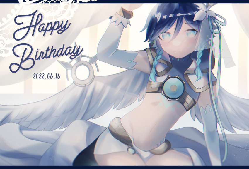 1boy androgynous bangs black_hair blue_hair blush braid capelet chest_tattoo closed_mouth commentary_request crop_top dated elbow_gloves english_commentary english_text eyebrows_visible_through_hair feathered_wings flower genshin_impact gloves gradient_hair green_eyes hair_flower hair_ornament happy_birthday highres hood hood_down hooded_capelet looking_at_viewer male_focus midriff mixed-language_commentary multicolored_hair navel short_hair_with_long_locks shorts side_braids sidelocks smile solo tattoo twin_braids venti_(genshin_impact) white_flower white_shorts white_wings wings yoikaze_saria