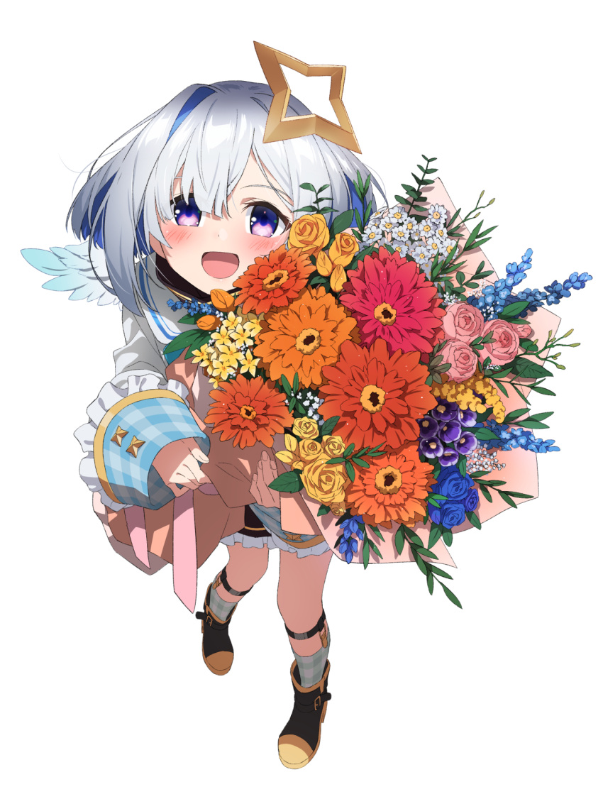 1girl amane_kanata bangs blue_hair bouquet flower gulim highres holding holding_bouquet hololive long_sleeves looking_at_viewer multicolored_hair open_mouth shoes short_hair simple_background sleeves_past_wrists smile socks solo streaked_hair violet_eyes white_background white_hair wings