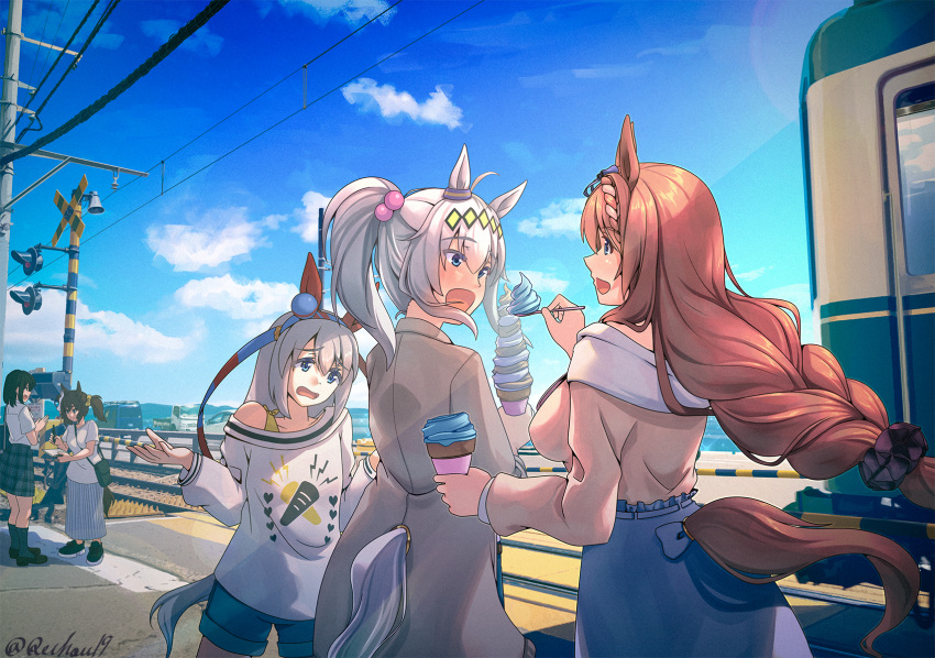 5girls ahoge animal_ears bangs black_scrunchie blue_bow blue_eyes blue_hairband blue_shorts blue_skirt blue_sky blush bow braid breasts brown_coat brown_hair brown_skirt clouds coat commentary_request cowboy_shot day ear_covers enoshima_electric_railway eyebrows_visible_through_hair female_trainer_(umamusume) fox_mask grey_hair hair_between_eyes hair_bow hairband highres horse_ears horse_girl horse_tail inari_one_(umamusume) large_breasts long_hair long_skirt low-tied_long_hair mask mask_on_head multiple_girls off_shoulder oguri_cap_(umamusume) open_mouth outdoors plaid plaid_skirt ponytail power_lines railroad_crossing reihou19 scrunchie shirt shorts signature skirt sky smile striped striped_skirt super_creek_(umamusume) tail tamamo_cross_(umamusume) train_station trainer_(umamusume) twintails umamusume utility_pole very_long_hair white_shirt