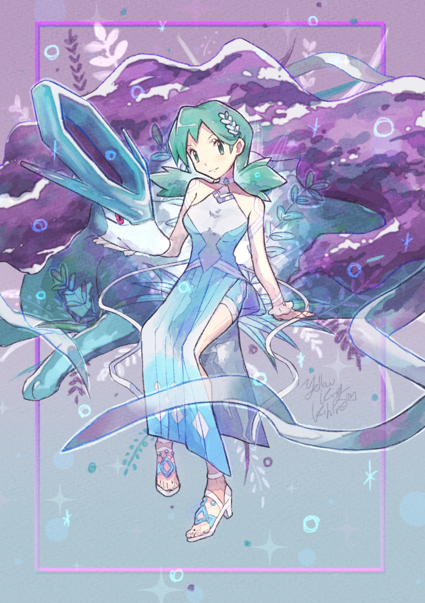 1girl absurdres aqua_dress aqua_eyes aqua_hair bangs bare_shoulders breasts choker circle closed_mouth collarbone detached_sleeves dress framed full_body gradient gradient_background hair_ornament halter_dress halterneck hand_on_another's_chin highres kris_(pokemon) looking_at_viewer medium_hair official_alternate_costume pokemon pokemon_(creature) pokemon_(game) pokemon_masters_ex shorts_under_dress side_slit signature sitting small_breasts smile sparkle suicune swept_bangs yellowking_hiro