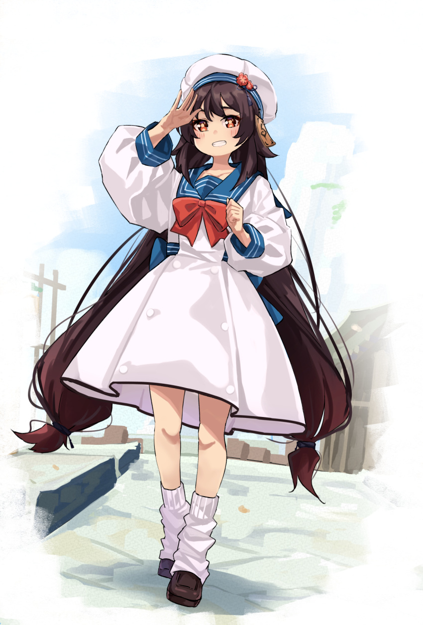 1girl 53c arm_up bangs beret black_hair blue_sailor_collar blush bow brown_footwear commentary dress english_commentary eyebrows_behind_hair flower-shaped_pupils full_body genshin_impact grin hat highres hu_tao_(genshin_impact) loafers long_hair long_sleeves looking_at_viewer loose_socks low_twintails puffy_long_sleeves puffy_sleeves red_bow red_eyes sailor_collar sailor_dress shoes smile socks solo standing symbol-shaped_pupils twintails very_long_hair white_dress white_headwear white_legwear