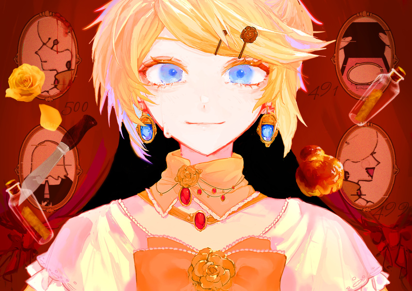 1girl aku_no_musume_(vocaloid) bangs blonde_hair blue_eyes bottle bow brooch capelet crying curtains detached_collar earrings evillious_nendaiki flower flower_ornament four_mirrors_of_lucifenia hair_ornament hairclip highres jewelry kagamine_rin knife looking_at_viewer painting_(object) portrait_(object) riliane_lucifen_d'autriche rose sen-san smile solo swept_bangs vessel_of_sin vocaloid