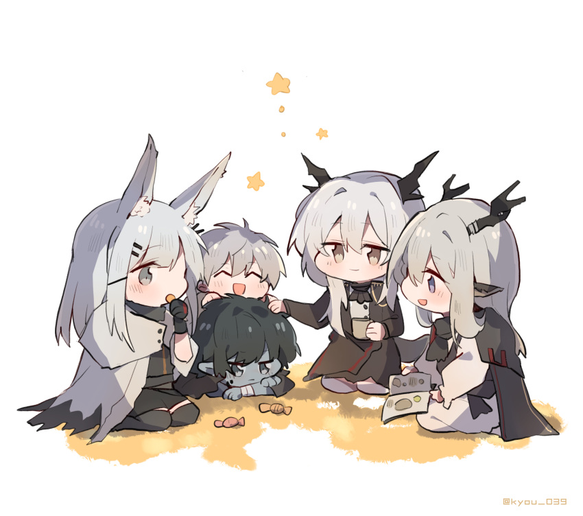 2boys 3girls :d ^_^ alina_(arknights) animal_ears arknights ascot black_ascot black_cape black_dress black_hair black_legwear black_shirt black_shorts blush candy cape chibi closed_eyes colored_skin cup dated_commentary deer_antlers deer_ears deer_girl dragon_girl dragon_horns dragon_tail dress eating faust_(arknights) food frostnova_(arknights) grey_eyes grey_hair grey_skin hair_ornament hairclip headpat highres holding holding_candy holding_cup holding_food horns kneeling kyou_039 long_hair mephisto_(arknights) multiple_boys multiple_girls official_alternate_costume open_mouth petting pointy_ears rabbit_ears rabbit_girl shirt short_hair shorts simple_background smile stacking star_(symbol) tail talulah_(arknights) talulah_the_fighter_(arknights) thigh-highs violet_eyes white_background white_cape white_dress