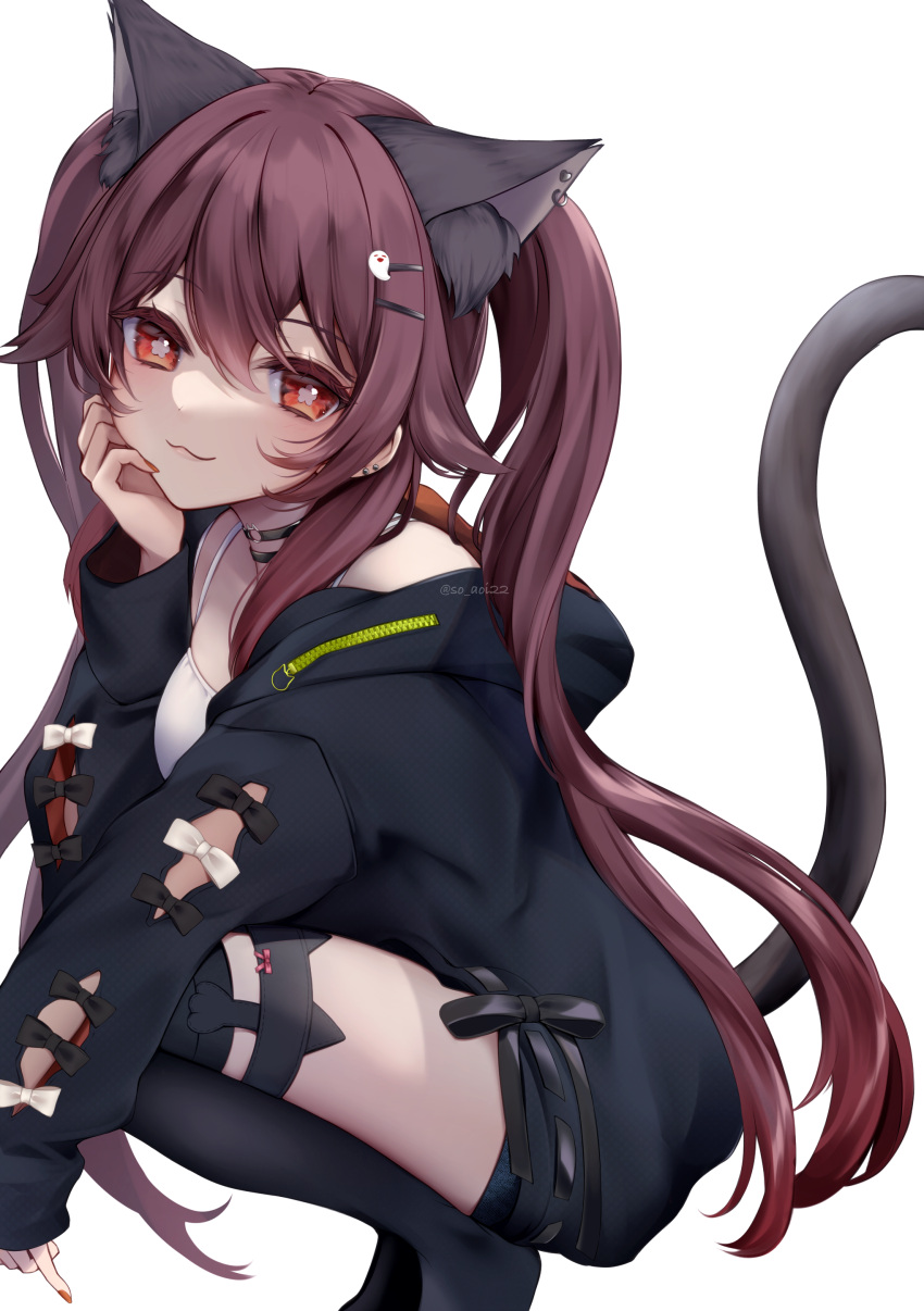 1girl :3 absurdres animal_ears asahi_(vjss4548) black_legwear brown_hair casual cat_ears choker genshin_impact ghost hair_ornament hairpin highres hood hoodie hu_tao_(genshin_impact) long_sleeves looking_at_viewer red_eyes smile solo squatting tank_top thigh-highs twintails wavy_mouth white_tank_top