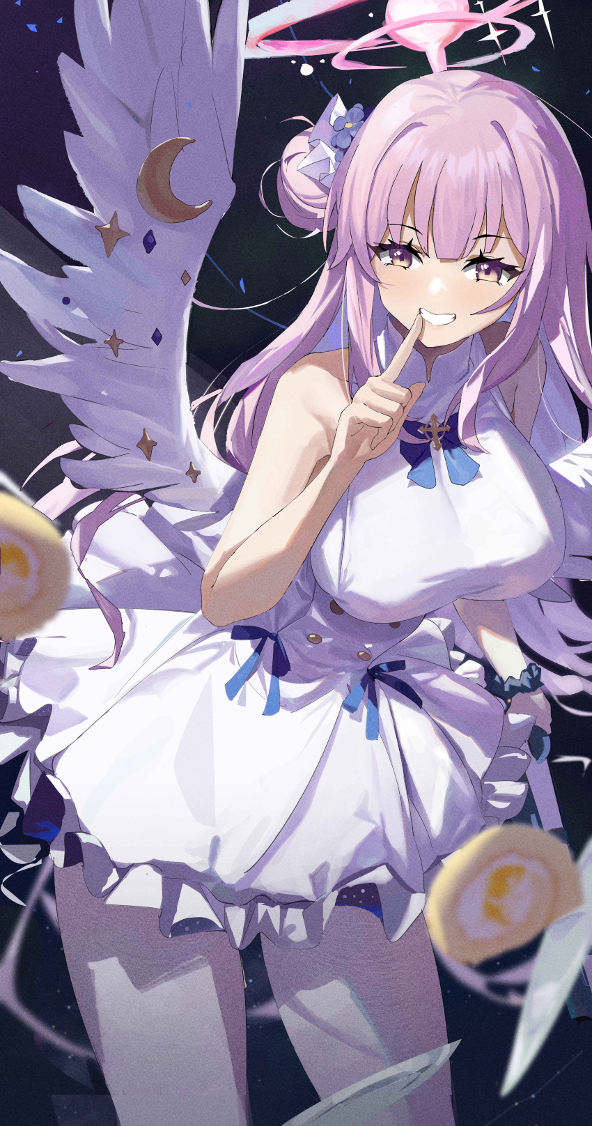 1girl absurdres blue_archive blurry blurry_foreground breasts cinnamon_roll dark_background feipin_zhanshi food grey_eyes halo highres large_breasts long_hair mika_(blue_archive) pantyhose pink_hair plate school_uniform solo white_legwear wings