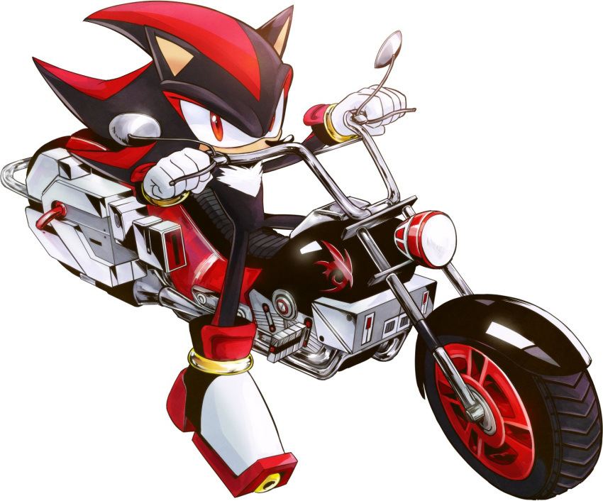 1boy armband black_fur furry furry_male gauntlets ground_vehicle highres legband looking_at_viewer male_focus motor_vehicle motorcycle multicolored_fur nisibo25 pointy_nose red_eyes red_fur shadow_the_hedgehog shoes solo sonic_(series) white_fur