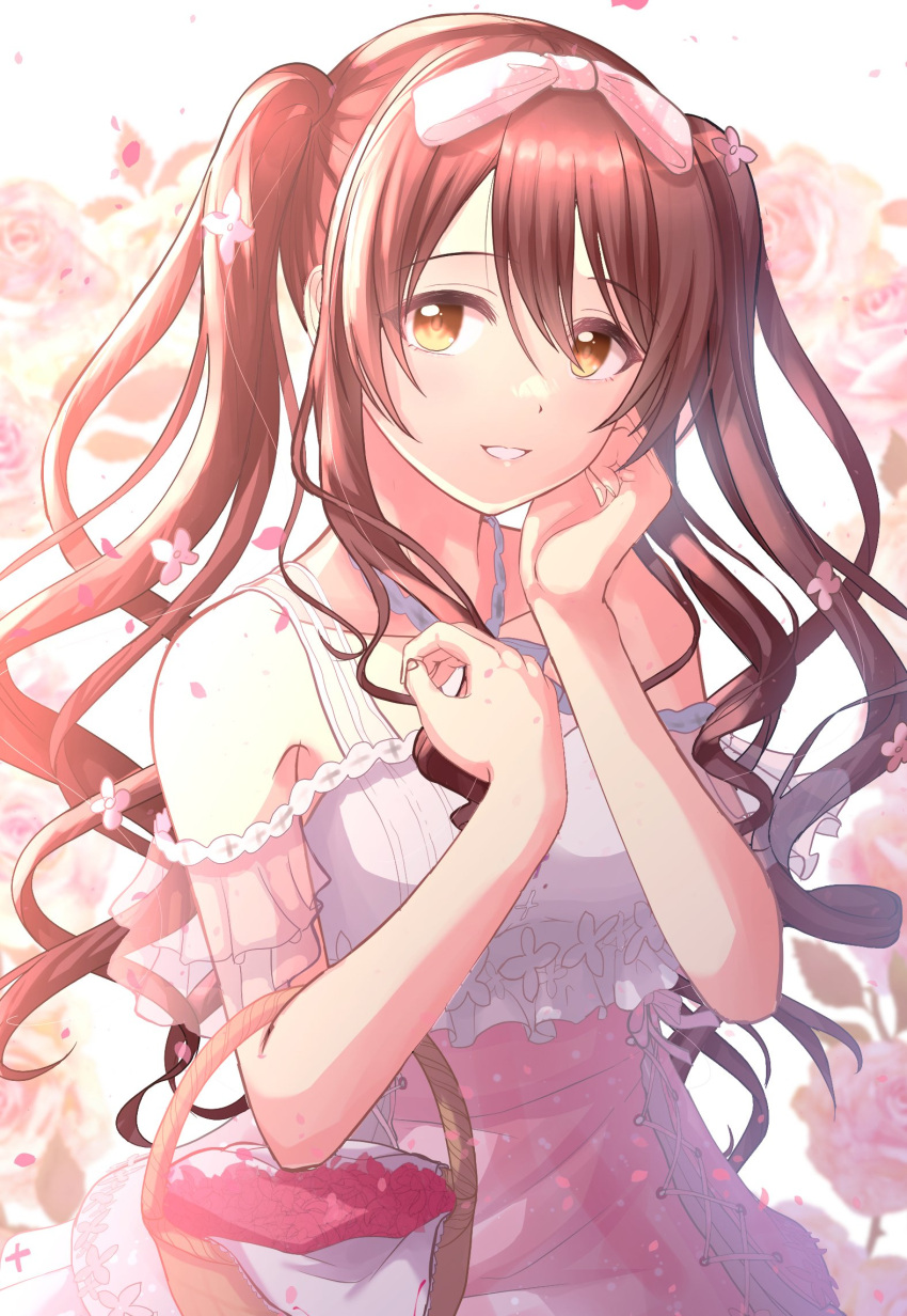 1girl bare_shoulders basket brown_hair citrusmikan commentary_request dress flower hair_between_eyes hair_ribbon highres idolmaster idolmaster_shiny_colors long_hair looking_at_viewer off-shoulder_dress off_shoulder osaki_tenka petals ribbon rose smile solo twintails upper_body yellow_eyes