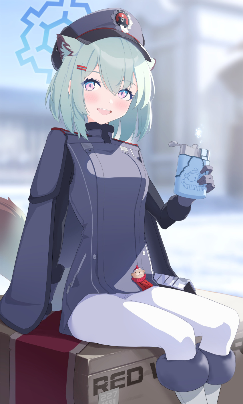 1girl absurdres animal_ears arm_support blue_archive blue_hair blurry blurry_background blush chizu_sasami epaulettes gloves hair_ornament hairclip hat highres looking_at_viewer military military_hat military_uniform shigure_(blue_archive) short_hair sitting smile solo tail uniform violet_eyes visor_cap