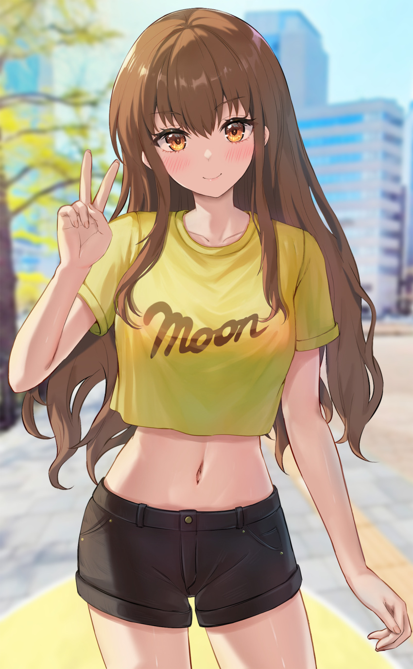 1girl bangs black_shorts blurry blurry_background blush brown_eyes brown_hair building cowboy_shot crop_top eyebrows_visible_through_hair fate/extra fate/extra_ccc fate_(series) highres kishinami_hakuno_(female) long_hair looking_at_viewer midriff navel sauvignon shirt short_sleeves shorts sidelocks smile solo standing t-shirt thighs tree v yellow_shirt