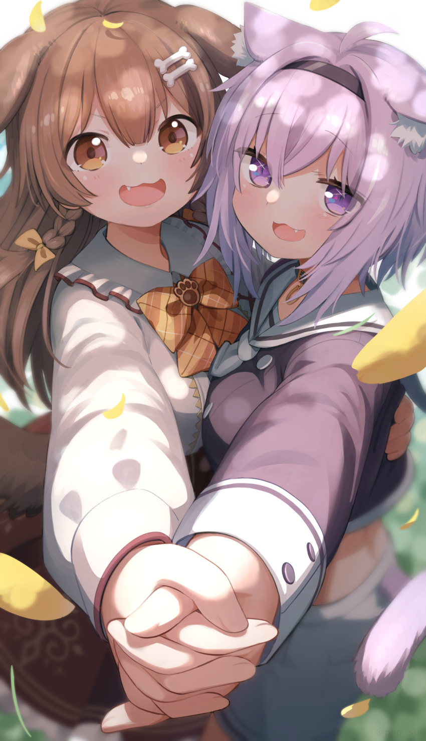 2girls :3 :d ahoge animal_ear_fluff animal_ears arm_around_waist bangs black_hairband blurry blush bone_hair_ornament bow bowtie braid brown_eyes brown_hair cat_ears cat_girl cat_tail crop_top dark_skin depth_of_field dog_ears dog_girl dog_tail fang frilled_shirt_collar frills from_side hair_between_eyes hair_bow hair_ornament hairband highres holding_hands hololive inugami_korone leaf long_hair long_sleeves looking_at_viewer looking_to_the_side medium_hair multiple_girls nekomata_okayu orange_bow orange_bowtie outstretched_arm ponono purple_hair purple_shirt sailor_collar shirt shorts smile tail violet_eyes virtual_youtuber white_sailor_collar white_shirt white_shorts yellow_bow