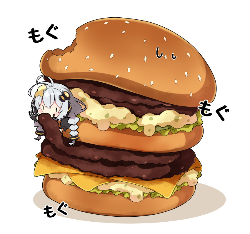 1girl antenna_hair bangs big_mac black_jacket blush braid brown_eyes burger chibi closed_mouth commentary_request eating food food_on_face grey_hair hair_between_eyes hair_ornament headset highres in_food jacket kizuna_akari long_hair long_sleeves low_twintails mcdonald's milkpanda minigirl puffy_cheeks puffy_long_sleeves puffy_sleeves shadow simple_background solo star_(symbol) translation_request twin_braids twintails very_long_hair voiceroid white_background