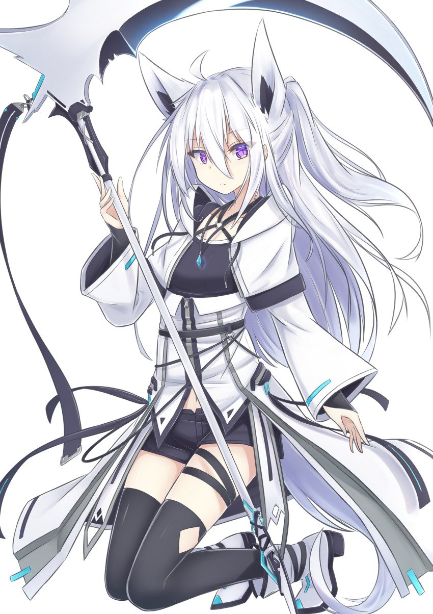 1girl absurdres ahoge animal_ears bangs black_gloves black_legwear black_shorts boots closed_mouth coat collarbone extra_ears eyebrows_visible_through_hair eyes_visible_through_hair fox_ears fox_girl full_body gloves hair_between_eyes hand_up highres holding holding_weapon jewelry kneeling long_hair long_sleeves looking_at_viewer navel necklace original scythe short_shorts shorts simple_background solo thigh-highs thigh_strap thighs very_long_hair violet_eyes weapon white_background white_coat white_footwear white_hair yukishiro_haku