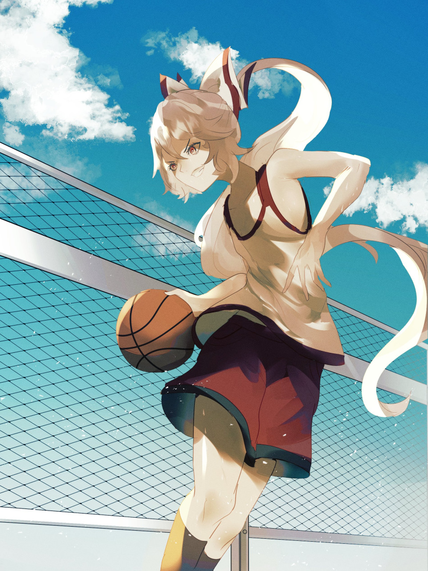 1girl absurdres armpits bangs basket basketball basketball_jersey blue_sky bow chain-link_fence clouds cropped_legs dribbling_(basketball) fence fujiwara_no_mokou furrowed_brow grey_hair hair_bow highres holding holding_basket kneehighs naufaldreamer open_mouth outdoors playing_sports red_eyes red_shorts running shirt shorts sidelocks sky sleeveless smile solo sportswear sweat teeth touhou white_bow white_hair white_shirt